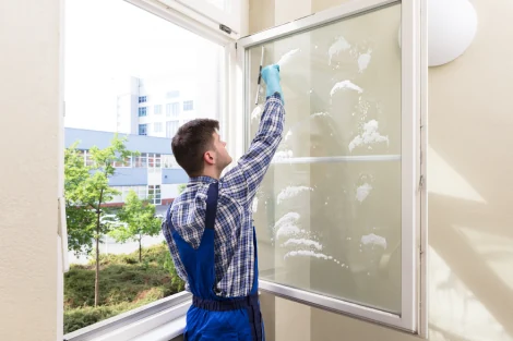 Symbolbild: Sorgfältige Reinigung einer großen Fensterscheibe